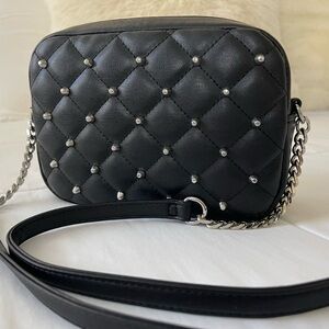 RM Rebecca Minkoff OS Black Silver Diamond Quilt Studded Top Zip Crossbody Bag.